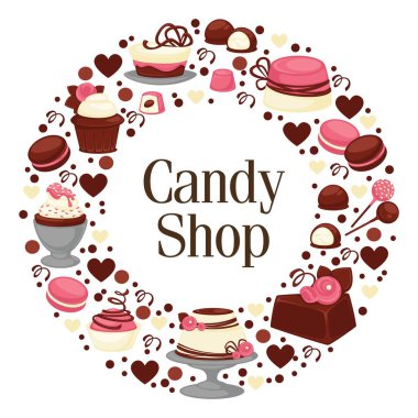 Chocolate candies and biscuits, circle made of dessert and cakes. Shop or store with delicious food, advertising or marketing banner for shopping. Special meal for holiday, vector in flat style