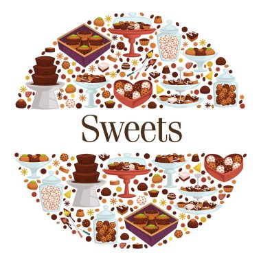 Chocolate candies and cookies, biscuits and sweets, dessert assortment and variety in shop or store. Yummy culinary snacks with glazing and icing. Advertisement banners, vector in flat style