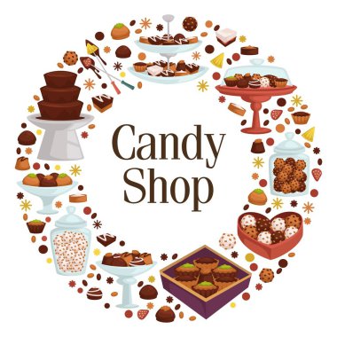 Assortment of sweets and desserts in candy shop, store with variety of chocolate and cookies with nut. Sugary food and meal, supermarket holiday advertisement circle banner. Vector in flat style