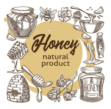 Natural and organic product, honey produced at farm, beekeeping and usage of liquid in culinary and cosmetics. Skincare and wellness, monochrome sketch outline. Vector in flat style illustration