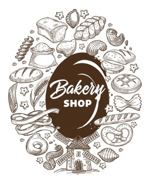 Pastry and bakery shop products, isolated monochrome sketch banner with mill and baked goods, baguette and macaroni. Farm and organic production for daily ration. Vector in flat style illustration