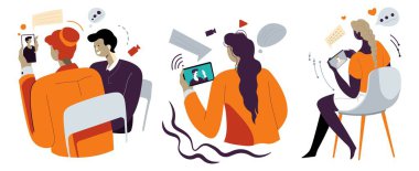 Male and female characters talking in internet using smartphones and laptops, tablets and gadget devices. Communication and technological advance, meeting and video chat. Vector in flat style