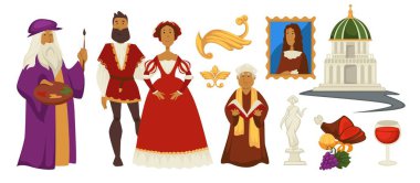 Renaissance in Italy, period of arts and science revival. People wearing traditional clothes, painter with portrait of woman, catholic bishop with book. Statue and church with dome, vector in flat