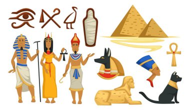 Pyramids and mummies, gods and sphinx, nefertiti bust and cat with symbol ankh. People wearing traditional clothes for ancient times, egyptian civilization and culture of past. Vector in flat