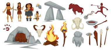 Prehistoric culture of cave people living in stone age, hunters and gatherers wearing fur coats and working with handmade tools from wood. Flame in bonfire, bull skull and drawing. Vector in flat