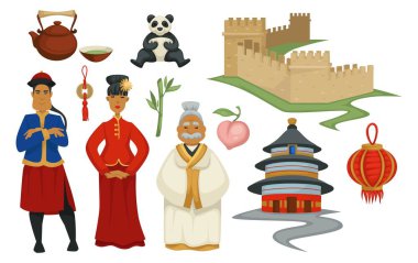 Man and woman wearing traditional chinese clothes, Asian architecture great wall of china, famous landmark. Paper lantern and kettle for tea ceremony, bamboo and panda animal, temple or monastery