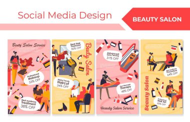 Beauty salon service offer at social media design. Care procedure for woman, vector illustration set. Professional spa treatment for female character. Special offer and discount collection