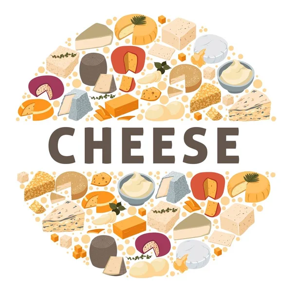 チーズ製品 カマンベールとロックフォール パルメザンとグウダの盛り合わせや様々な 店や店でのデリカテッセン 健康的な食事や食事 食事コースの前菜 平型ベクトル — ストックベクタ