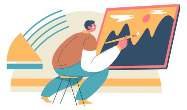 Dağlar, erkek karakterin çizdiği manzara, resim sehpasında tuval ve ellerinde boya fırçası olan sanatçı. Sanat okulu öğrencileri için ilham ve motivasyon. Resim dersleri, düz biçimli vektör