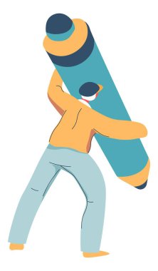 Yazar ya da gazeteci, bilgi ve eğitim alan öğrenci. Elinde kocaman bir kalem olan yalıtılmış erkek karakter. Kalem yazan ve proje ödevlerini tamamlayan bir adam. Düz biçimli vektör