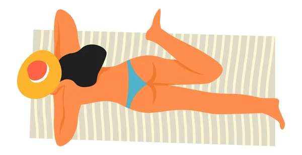 Weiblicher Charakter Badeanzug Auf Decke Liegend Und Sonnenbaden Isolierte Frau — Stockvektor