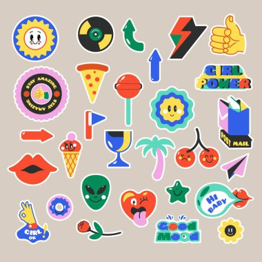 Başparmak yukarı, pizza dilimi, lolipop ve kiraz, palmiye ağacı ve cam, dondurma tatlısı ve yıldız. Sosyal medya ve internetteki iletişim için izole etiketler. Düz biçimli vektör