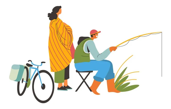 Summer recreation and hobbies, woman covered in blanket and man holding fishing rod catching fish. Outside nature vacations and rest, male and female on weekends out of town. Vector in flat style