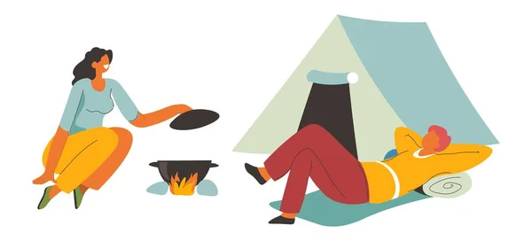 Summer camping, woman cooking soup on bonfire. Man laying on mat by tent. Activities and recreation on holidays or weekends, outside relaxation and escape from everyday routine. Vector in flat style