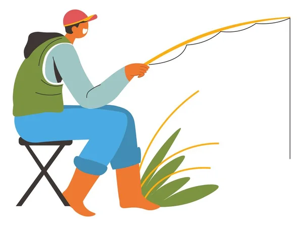 Erkek Karakter Balıkçılığı Çalılıklarda Sandalyede Oturan Çubuklu Bir Adamın Hobisi — Stok Vektör