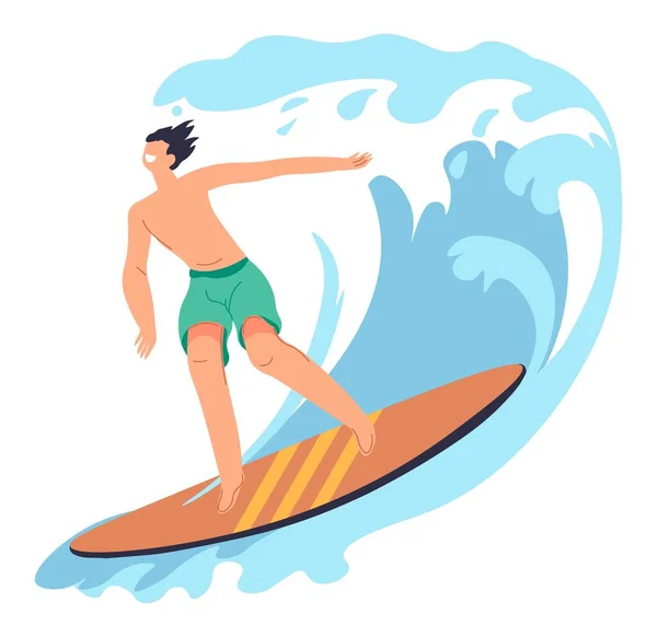 Sommerliche Hobbys Und Aktivitäten Einsamer Mann Surft Und Erkundet Wellen — Stockvektor