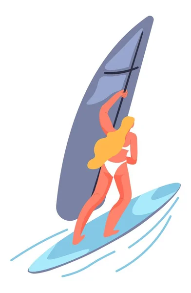 帆のバランスの方法を学ぶとボード上の女性の練習 ウィンドサーフィンやセーリングの趣味と隔離された女性のキャラクター 暑い季節には夏のアクティビティやレクリエーション 平型ベクトル — ストックベクタ