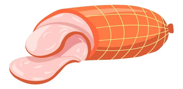 毎日の消費のためのソーセージ製品 孤立ハム肉 鶏肉や豚肉ベースの成分 調理や食品の準備 脂肪分の多い食事や料理の追加を食べる 平面図のベクトル — ストックベクタ