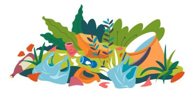 Ekolojik felaket ve felaket, orman ya da orman çöplerle ve çöplerle kirlenmiş. Çevre kirliliği ve ekosistemle ilgili sorunlar. Hurda ve çöp, plastik torbalar. Düz biçimli vektör