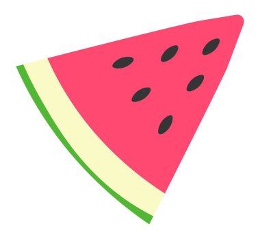 Sulu karpuz ürünü, çekirdekli meyve dilimi ve sulu et. Diyet ve beslenme için taze yaz meyvesi. Vitaminli ve antioksidanlı lezzetli egzotik yemekler. Düz biçimli vektör