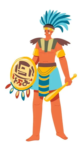 Mayan Soldier Holding Shield Weapon Defense Attack Isolated Ancient Personage — Vettoriale Stock