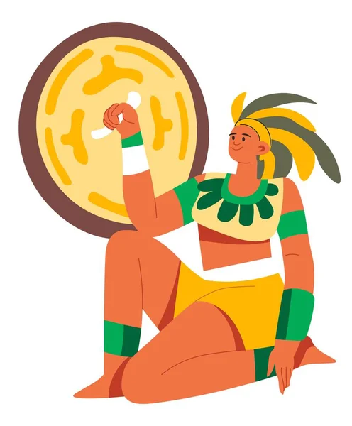 Aztec Mayan Emperor King Ruler Ancient Civilization Male Character Sitting — Stock Vector