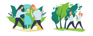 Gönüllüler parklara ağaç dikiyorlar, doğayı koruyorlar ve dünyayı koruyorlar. Küresel ısınma ve ekolojik iklim değişikliği önleme ve tarım alanına yardım. Düz biçimli vektör