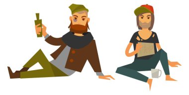 Dilenciler para ve yardım, yoksulluk ve çaresizlik istiyor. Şişeyle izole edilmiş alkolik, gözlerinde morluklar, sokaklarda yaşayan uyuşturucu bağımlısı. İşsizlik ve kriz yüzünden. Düz biçimli vektör