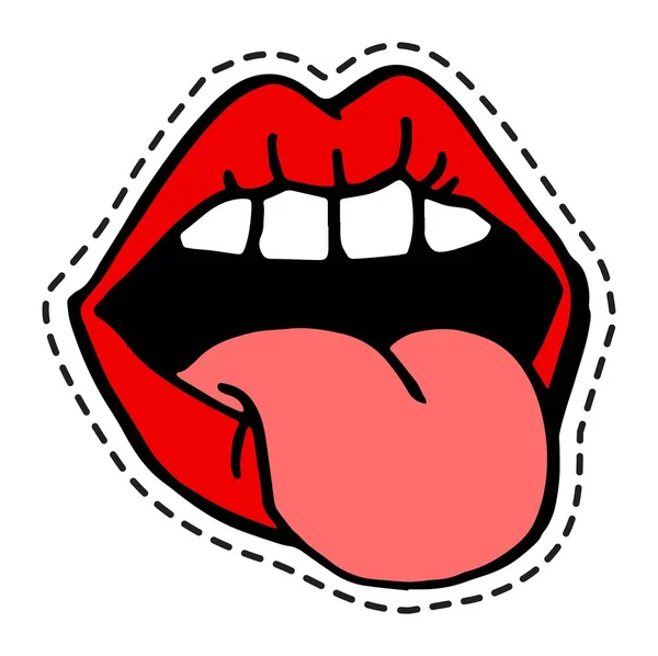Sticker Tungan Röd Makeup Läpparna Visar Tänderna Rebellsymbol Uttryck För — Stock vektor