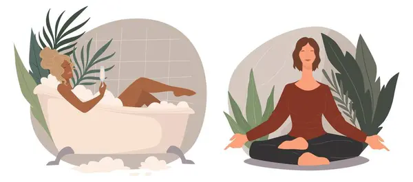 Woman taking bath with bubbles and drinking champagne. Females character doing yoga poses and meditation for balance and healthcare. Recreation and fun leisure and rest. Vector in flat style