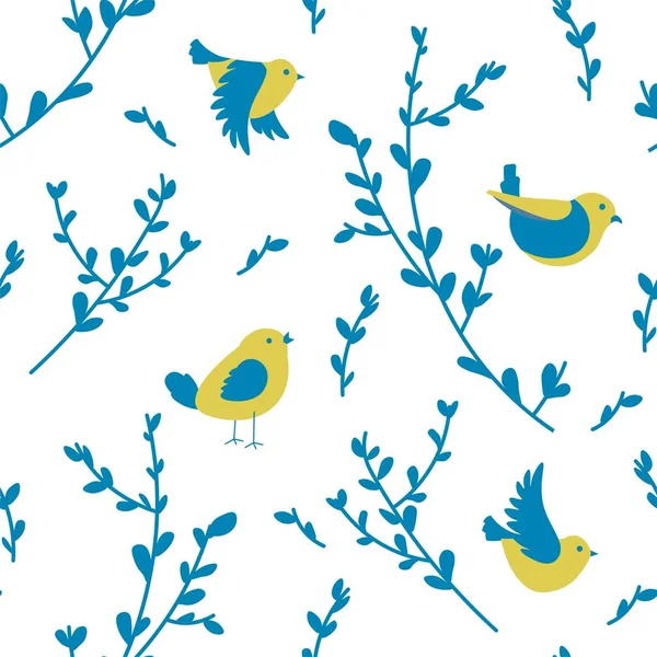 Branches of tree of shrubs with birds, flying avian animals. Wildlife and flora, fauna and nature biodiversity. Background or print, wallpaper or textile seamless pattern. Vector in flat style