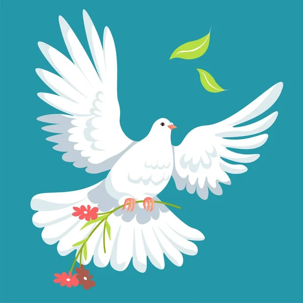 Symbool Van Vrede Onafhankelijkheid Geïsoleerde Vliegende Duif Met Een Tak — Stockvector