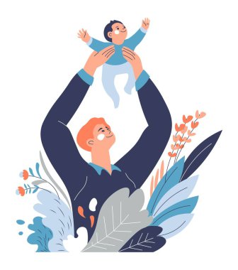 Baba, bebeği havaya fırlatır ve çocuğu yakalar, izole edilmiş baba, yeni yürümeye başlayan çocukla oynar. Çocuklu bir adam birlikte zaman geçiriyor, aktiviteler ve ebeveyn hayatı, çocukluk. Düz biçimli vektör