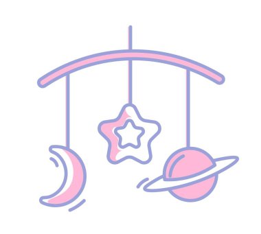 Toys and trinkets hanging on thread of baby mobile. Cosmos and galaxy theme for nursery design. Star and crescent moon, planet and constellation. Decor for children room. Vector in flat style