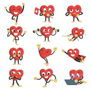 Cute heart personage emoji or emoticon. Isolated character expressing emotions, cheering and standing with flag, bored or talking on phone, exercising and working on laptop. Vector in flat style