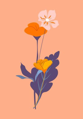 Floral bouquet in blossom, isolated minimalist composition with petals and leaves, stem and lush foliage. Decorative art or present for holiday, feminine wildflowers arrangement. Vector in flat style