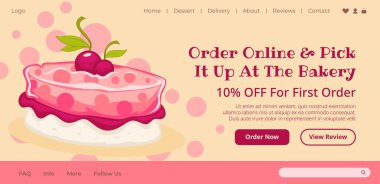 Discounts for first order on cakes, purchase online and pick it up at bakery shop or store. Ten percent reduction of price. Website landing page template, internet web site. Vector in flat style