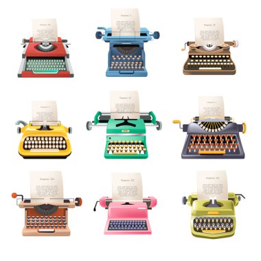 Old typing machines with papers, isolated vintage devices for printing industries and journalist centers. Newspapers production, evolution or variety of models. Vector in flat style illustration