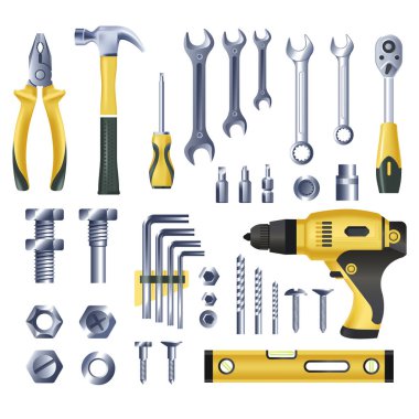 Repairing and fixing tools and instruments. Isolated kit of handyman or repairman. Hammer and nails, drill and screwers, roulette measuring level and centimeters. Vector in flat style illustration