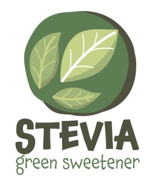 Sugar substitute, isolated stevia sweetener logotype template, emblem for package or label for food. Green leaf in rounded circle, dieting and balanced nutrition, meal consumption, vector in flat