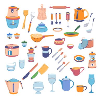 Electric appliances and kitchenware for preparing food and cooking. Isolated frying skillets and pans, dishes and plates. Kettle and blender, cutlery and cups with knives. Vector in flat style