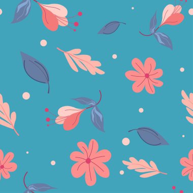 Leaves and blossom, isolated floral seamless pattern or background. Wallpaper or textile fabric. Flowers blooming and leaves falling, spring and summer seasonal botany. Vector in flat style