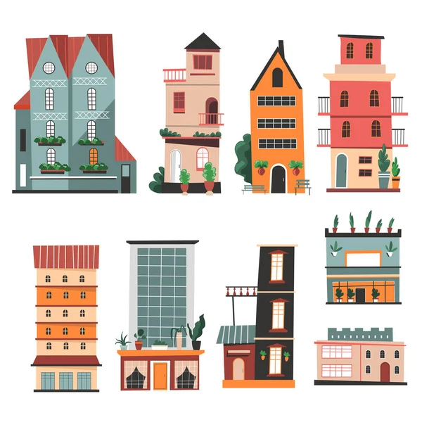 Old Town Buildings Isolated Houses Homes Residential Constructions People Downtown — Stock Vector