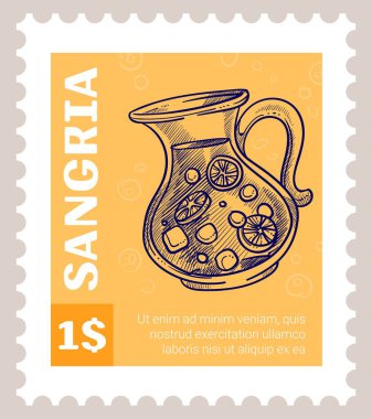 İspanyol kartpostal serisi, içinde sangria olan bir kağıt parçası. Lezzetli bir içecek. Portakal dilimli limonata. Posta damgası tasarımı, tek renkli çizim taslağındaki posta pulu. Düz biçimli vektör