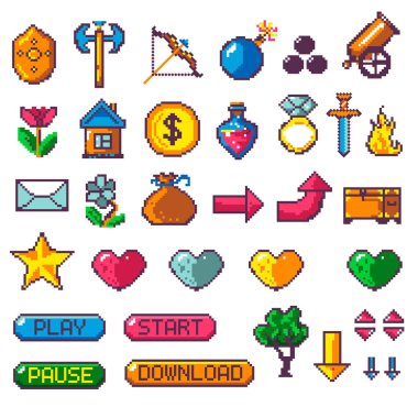 Retro stil 8 bit ya da piksel simgeler ve çıkartmalar. Mobil oyunlar için izole simgeler. Ağaç ve elmas yüzük, kılıç ve ateş, yıldız ve mektup, çiçek ve ev, silahlar ve para. Düz biçimli vektör