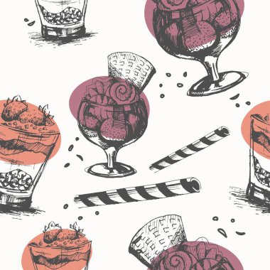 Kafe ya da restoran menüsünden tatlı ve tatlılar. Meyveli ve dondurmalı kase, kurabiye ve waffle, üstünde çilek. Kusursuz desen, duvar kağıdı izi ya da arka plan. Düz biçimli vektör