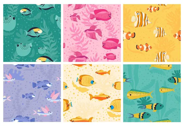 Decoratief Patroon Gezet Met Oceaanvis Water Sea Wildlife Concept Achtergrond — Stockvector