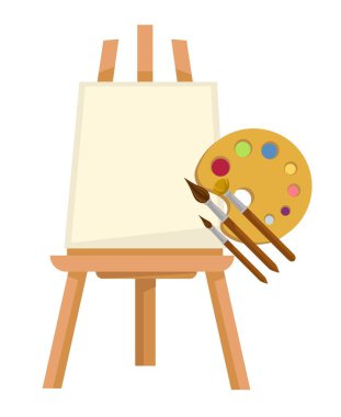 Sanatçı kiti, boş tuval ile izole edilmiş sehpa, renkleri, fırçaları ve boyaları karıştırma tahtası. Üniversitede, okulda ya da üniversitede sanat eğitimi, dersler ve dersler. Hobi ve yetenekler. Düz biçimli vektör