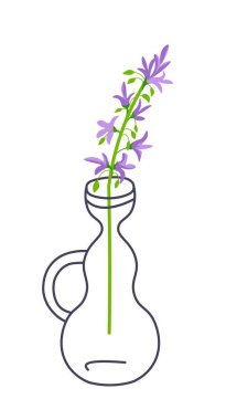 Minimalist vazoda çiçek dalı, yapraklar ve yapraklarla izole edilmiş çiçek çiçeği. Bitki örtüsü, ev dekorasyonu ya da tasarımı olan kök. Kulplu bir kap. Düz biçimli vektör