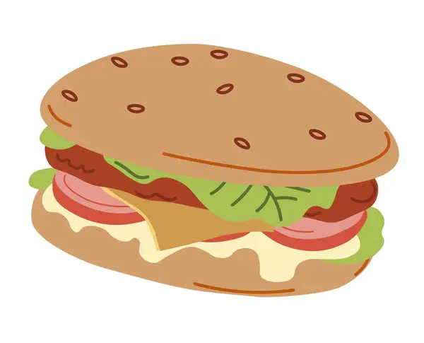 Fast Food Vleesproduct Met Brood Saladebladeren Tomatenschijfjes Kaas Sesamzaad Biologische — Stockvector
